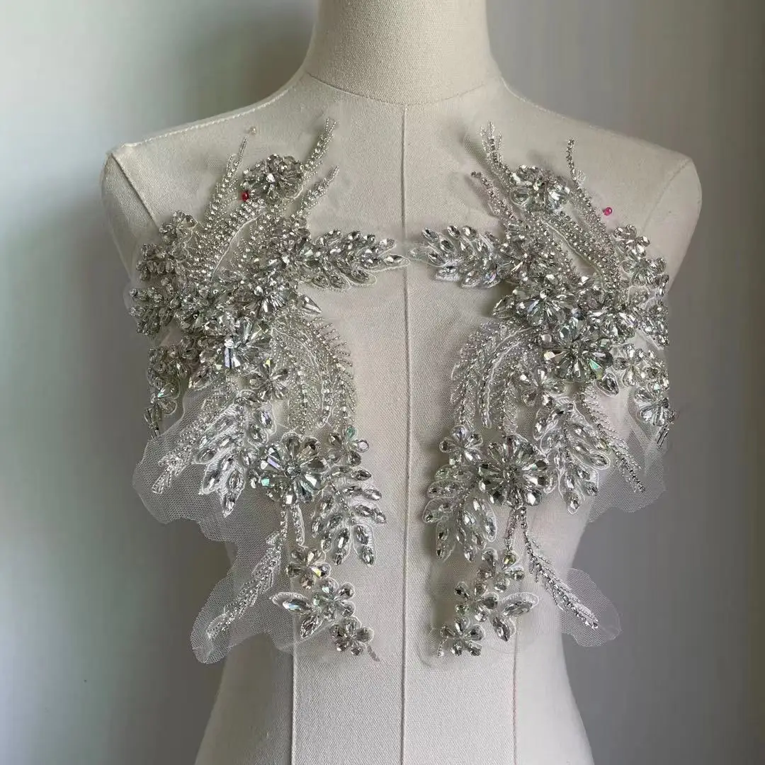 Silver Heavily Crystal Flower Patches Rhinestone Applique Embroidery Beaded Sewing Appliques for garment accessories