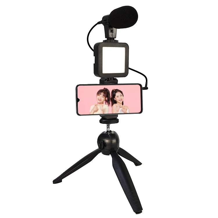 Mobile phone microphone recording studio with tripod and fill light