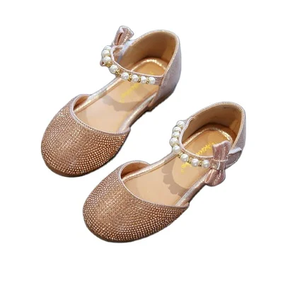 
Girl small leather shoes 2021 summer pearl bow chic rhinestone princess shoes soft sole single shoes children half sandals 