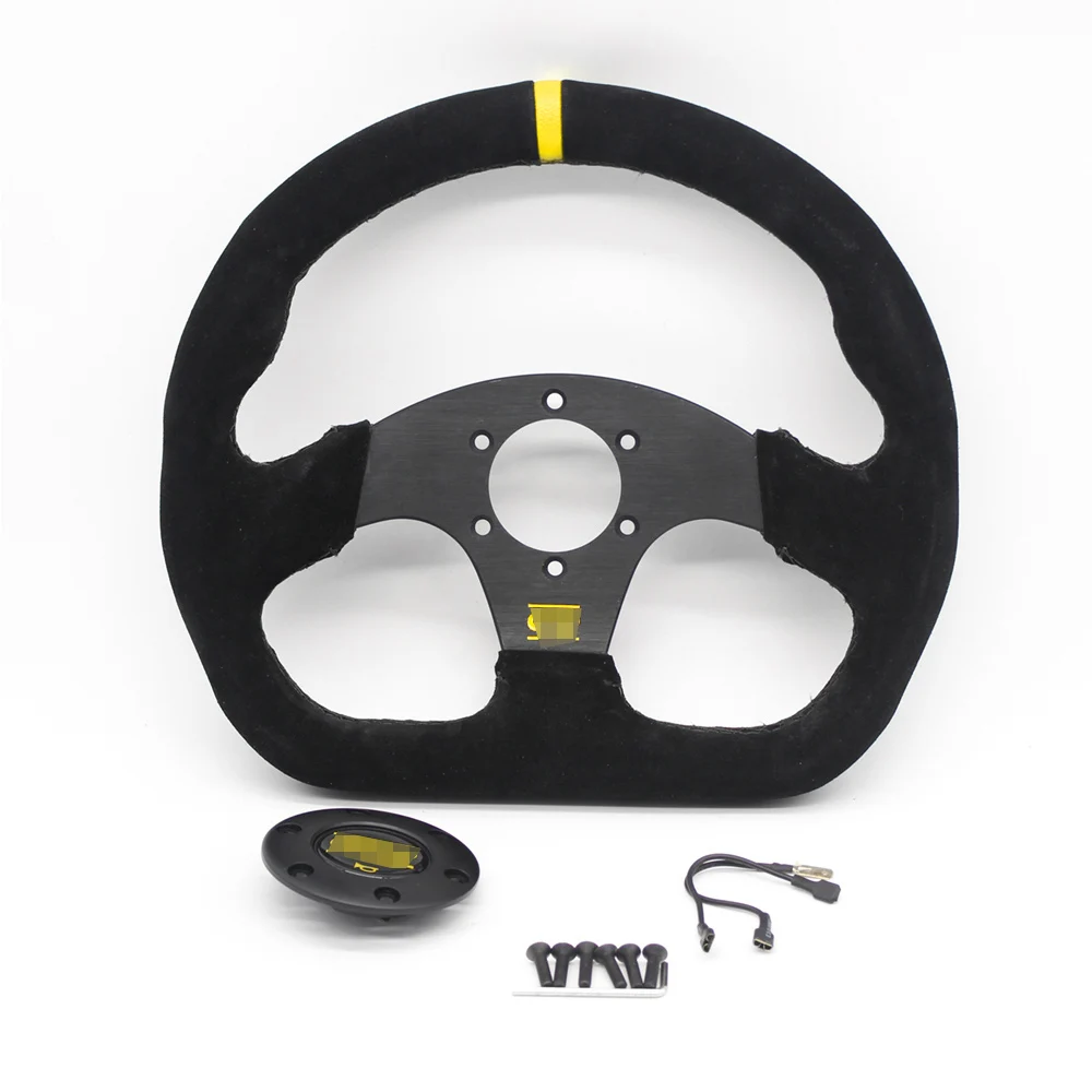 Flat D Black Suede Leather 320mm Racing Sport Yellow Stitching Steering Wheel