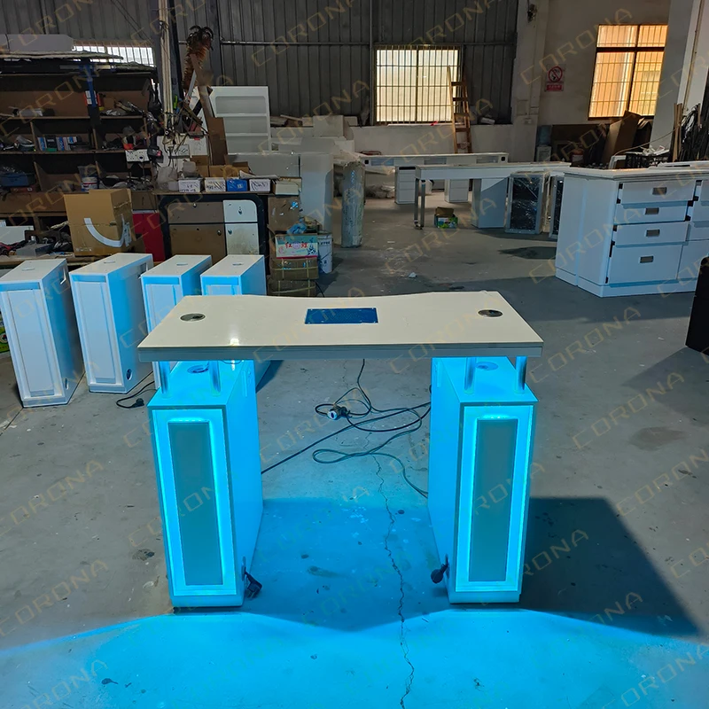 Nail Salon Furniture Modern High Gloss Marble Top Nails Bar Station Manicure Table With Fan