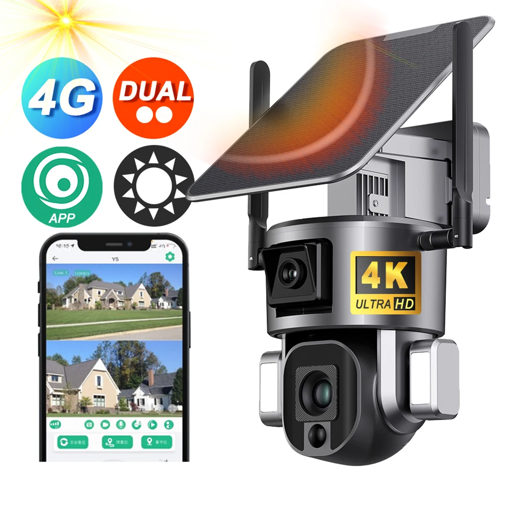 Y5 4K Наружная наружная камера безопасности на солнечных батареях с 4G мобильным двойным объективом и солнечной панелью 9 Вт