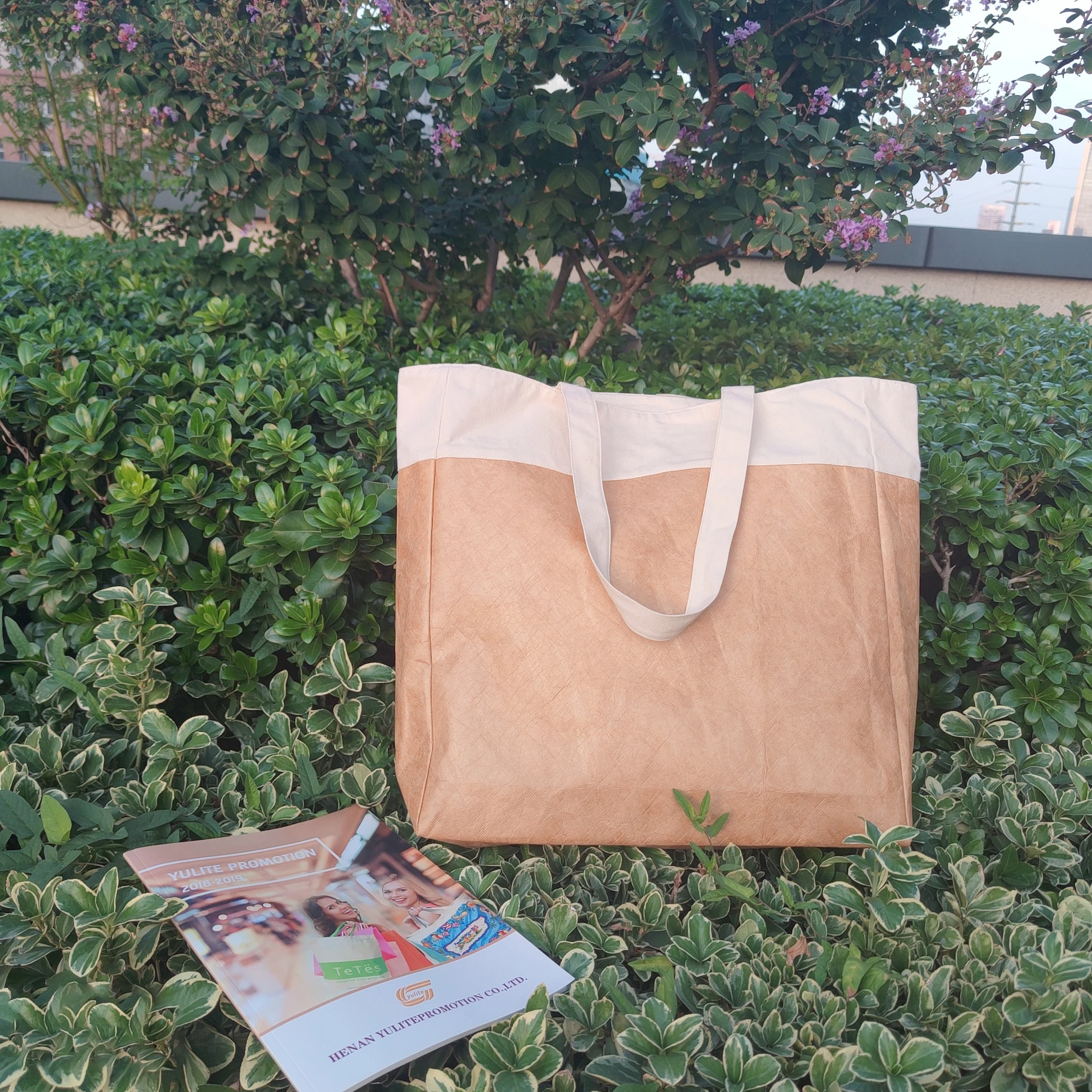 Custom Logo Waterproof Tyvek Tote Shopping Bag Combined With Cotton Canvas Handles High Quality Washable Paper Tyvek Bag