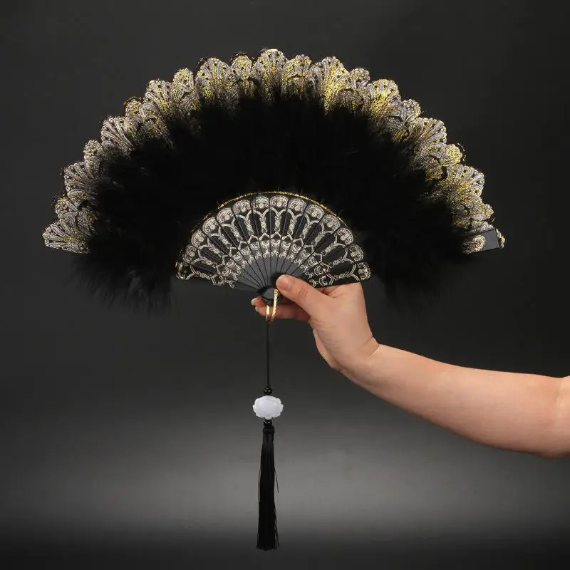 Wedding Party Decoration Spanish  Lolita Feather Folding Fan Girl Dancing Hand Fan with Tassels