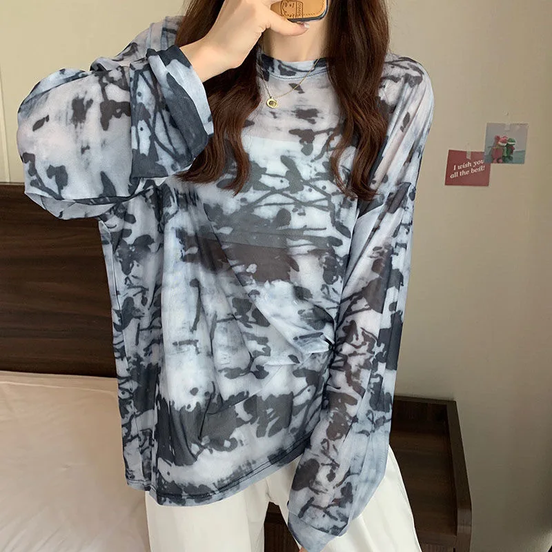 Tie-dyed mesh sun protection top for women, summer new loose ice silk thin see-through long-sleeved T-shirt blouse