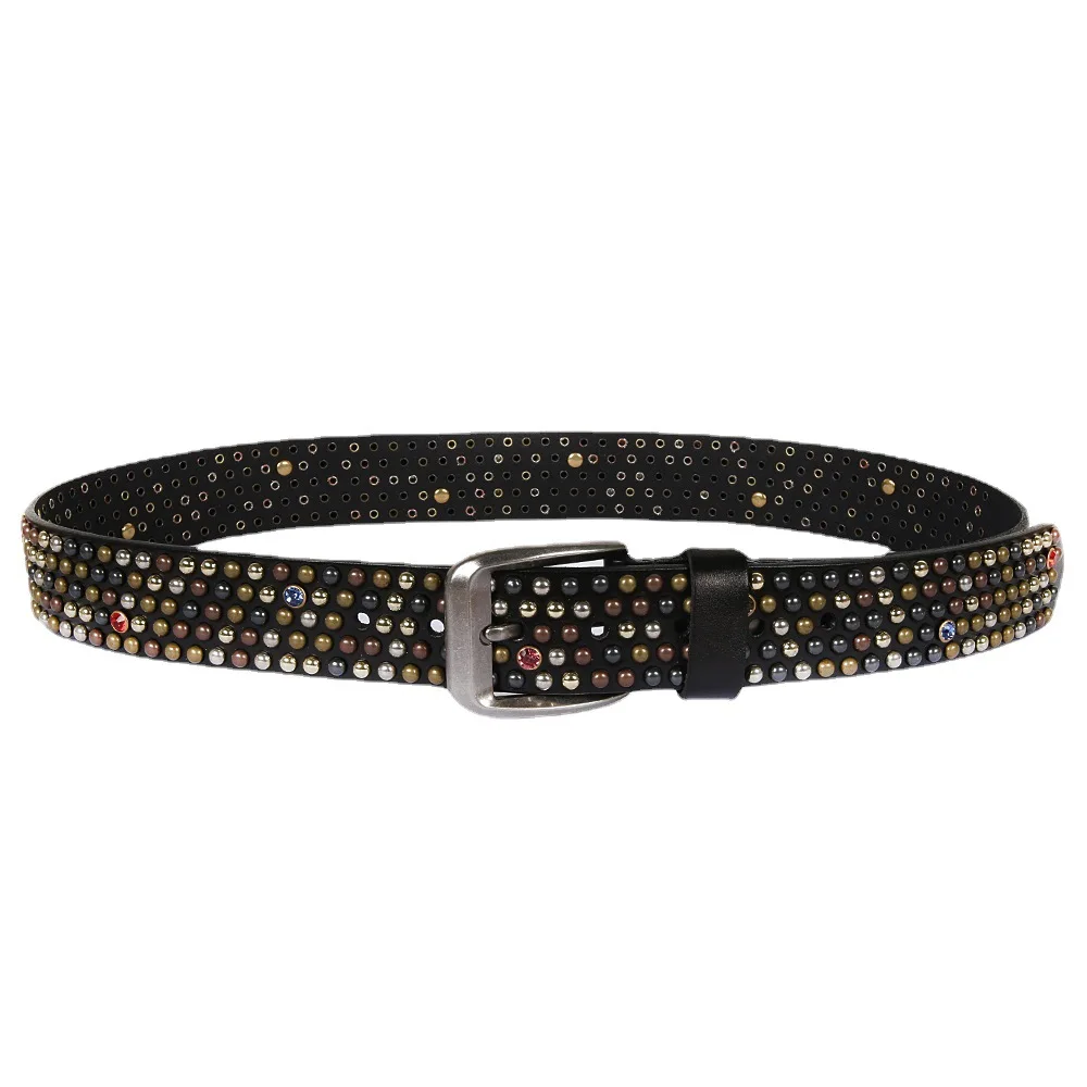 NEW Mixed Bead Design cowhide leather belt Diamond Setting  jeans unisex men women rivet belt