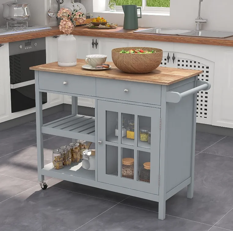 Kitchen Island Cupboard, Portable Kitchen Cart Wood Top Kitchen Trolley with Drawers and Glass Door Cabinets, Gray