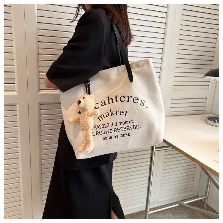 Wholesale Large Canvas Bags DIY Bear Ornament Women 2023 New Fashion Shopping Handbags Ladies Shoulder Leather Handle Tote Bags