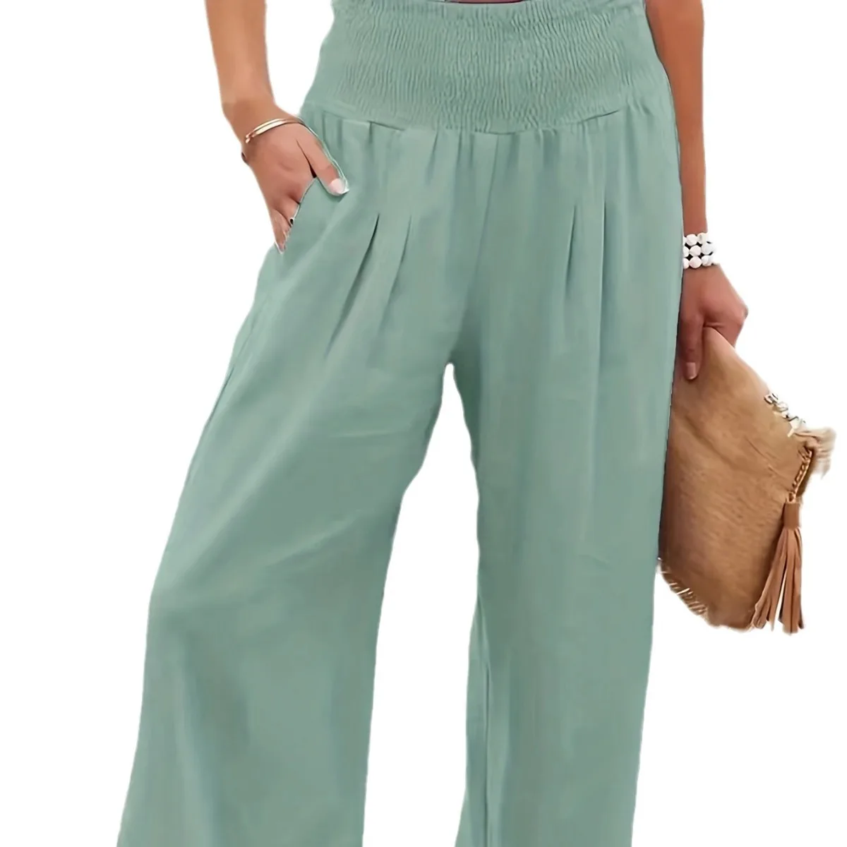 Popular Spring Autumn Women Casual Wide Leg Pants Solid Color Cotton Linen Mid Waist Trousers