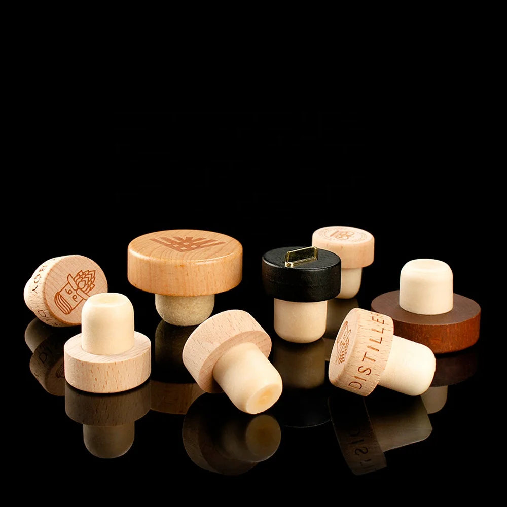 custom engrave bar top wooden glass bottle cork top cap wine stopper