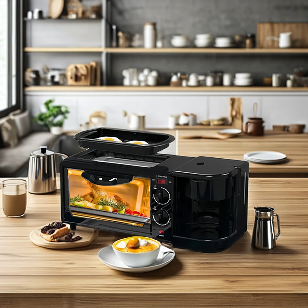 New hot sell 3 in 1 breakfast station microwave oven 16l 640w toaster oven 450w coffee maker fry pan breakfast maker with timer