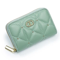 2022 leather women's organ card bag simple diamond pattern wallet card holder cute girl Korean style sheepskin small bag