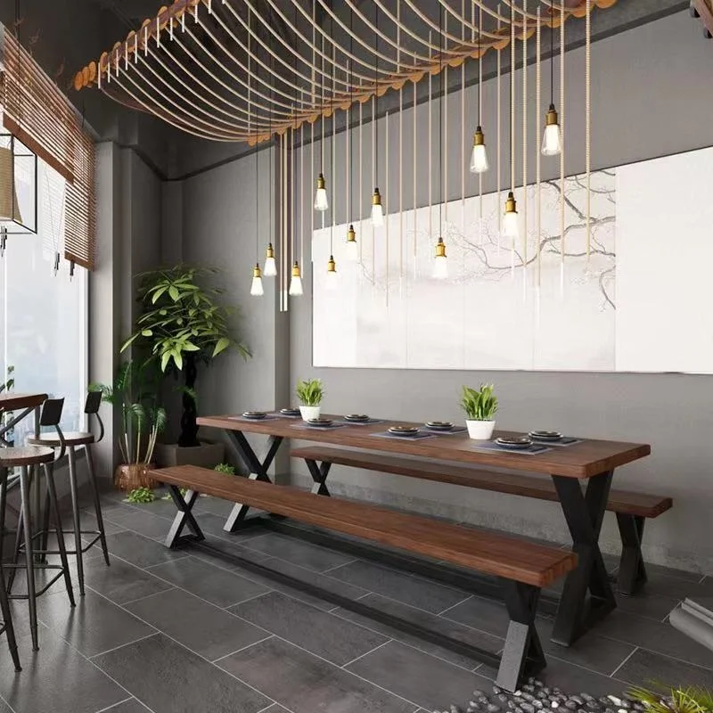 Ресторанная мебель, обеденный стол со скамейкой, металлическая ножка, стол из цельной древесины, быстрое производство