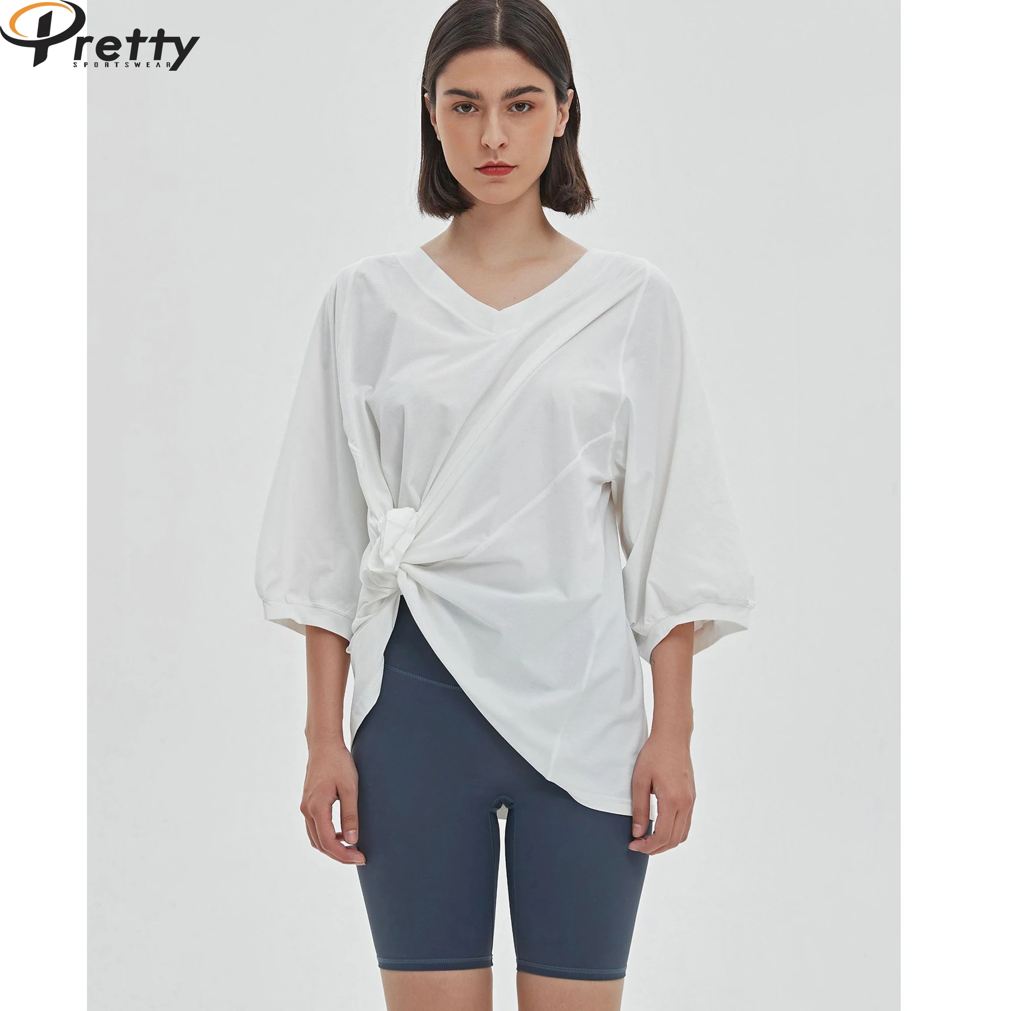 Women loose plus size half sleeve T shirts V-neck Pilates casual Tops Lady sexy yoga Tops sports running Tees Gym fitness top