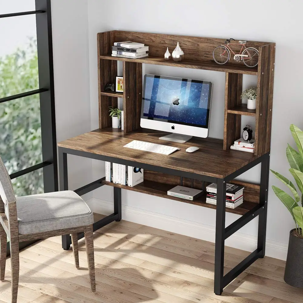 Modern Wood Computer Desks Study Reading PC Table with Bookcase Storage Shelf for Bedroom