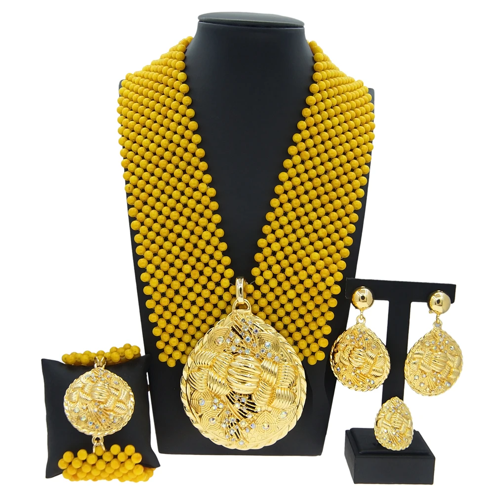 Zhuerrui Italy Gold Plated Women Bridal Jewelry Sets Latest Coral Beads Handmade Jewelry Sets Necklace Bracelet Earrings H40001