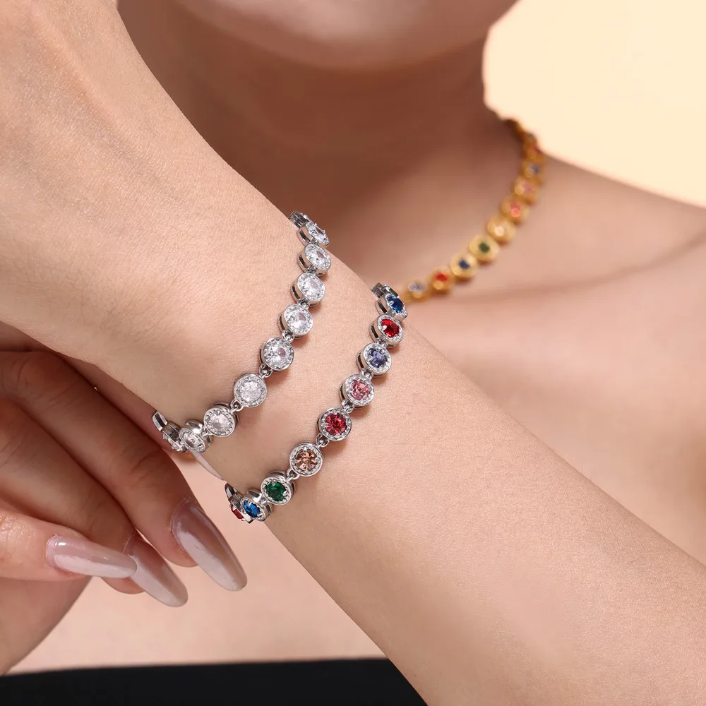 Fine Jewelry Stainless Steel Bling Round Cubic Zircon Tennis Chain Necklace Bracelet Jewelry Set Colorful Gemstone Necklace