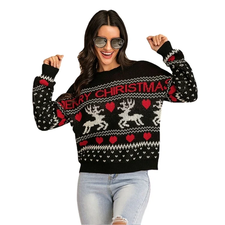 Fashion Warm Cute Reindeer Merry Christmas Patterned Ladies Pullover Sweater