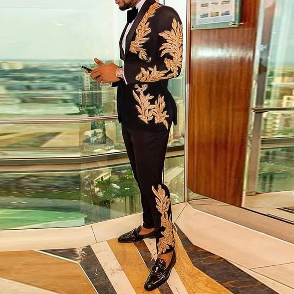 Men Suits 2 Pieces Embroidery Design Tuxedo Suit Mens s Slim Fit Sequin Set For Men Grooms Suits With Gold Applique
