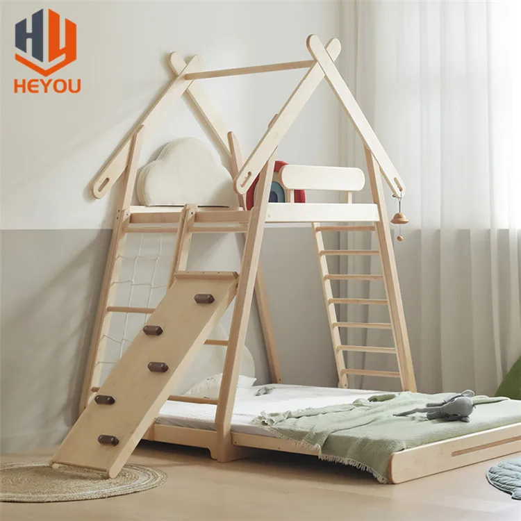 Modern Kids Montessori House Bed Wooden Toddler Bunk Bed With Playhouse Toddler Jungle Gym Wooden Climbing Frame