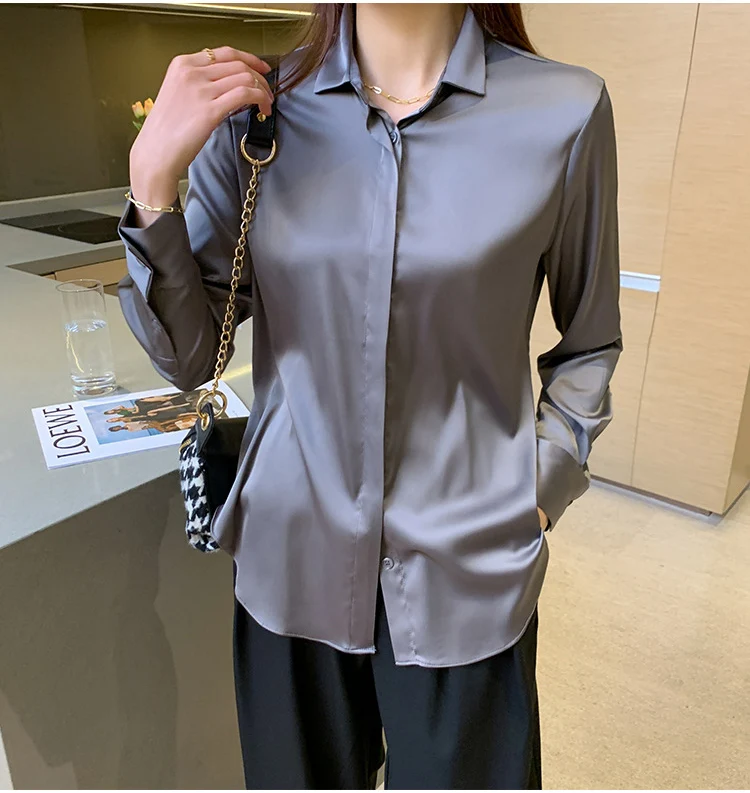 Autumn Spring Fashion Button Up Satin Shirt Vintage Blouse Women White Lady Long Sleeves Female Loose Elegant Shirts