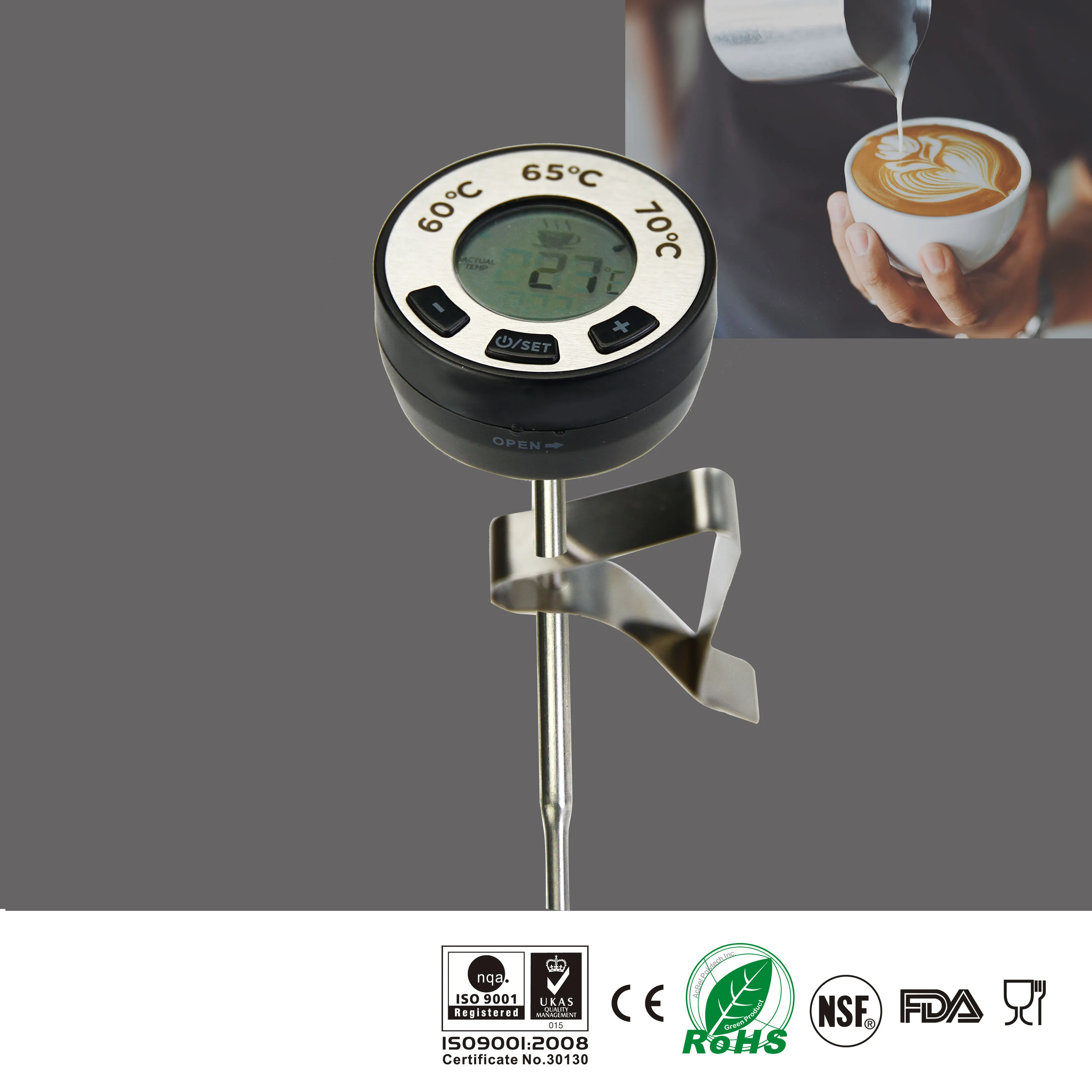 Digital Instant Read Coffee  Milk  Fothing Thermometer Stainless Steel Probe Meat Thermometer  With Alarm