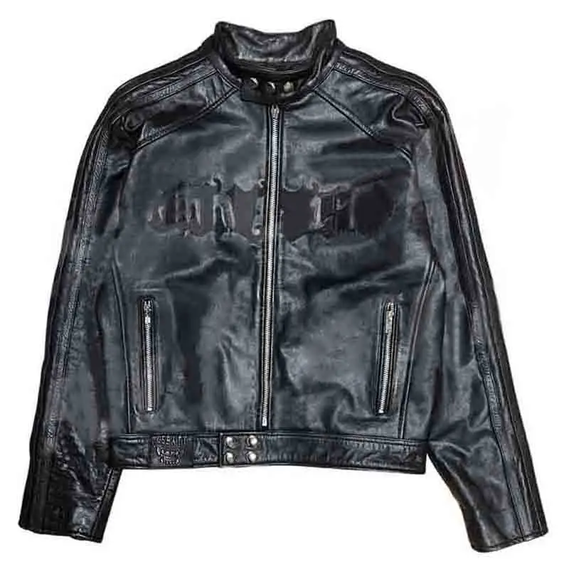 Custom Motorcycle Cropped Jacket Embroidery Print Zip Up Streetwear Motorbike Leather Jacket Men