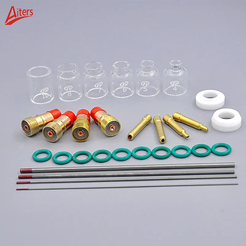 TIG 30Pcs Stubby Gas Lens and Glass Cup Tungsten Needle For WP17/18/26 welding consumables TIG Collets