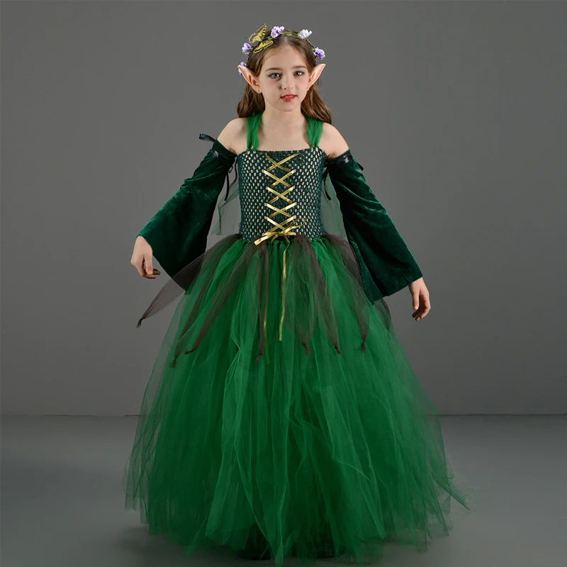 Wholesale Elf Costume Suit Dark Green Long Dress Faery Cosplay for Halloween Party Stage Performance