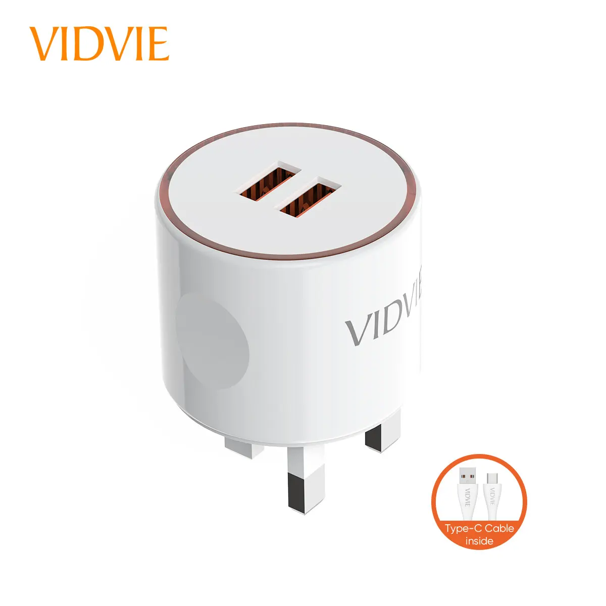 Trending 12W Fast Charging Mobile Phone Charger UK Plug with USB-C Cable, 2.4A Circular Adapter with LED Light, VIDVIE PLB128