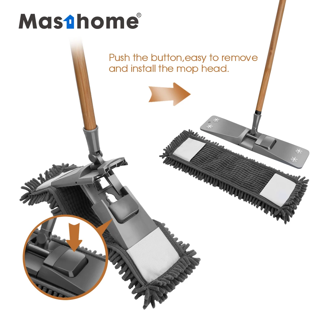 Masthome Washable Microfiber Chenille Folding Flat Mop With Bamboo Handle for Floor Cleaning
