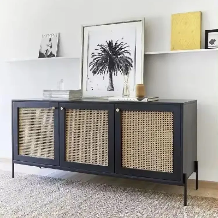 New stock arrival nordic style modern designs natural storage sideboard display wood living room rattan kitchen cabinet