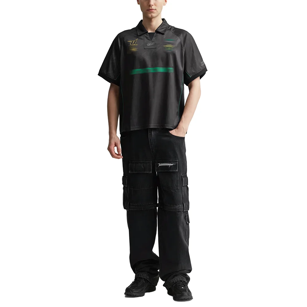 black v neck collared football polyester jersey shirt custom printed mesh panels embroidery patch athletic piped soccer t shirts