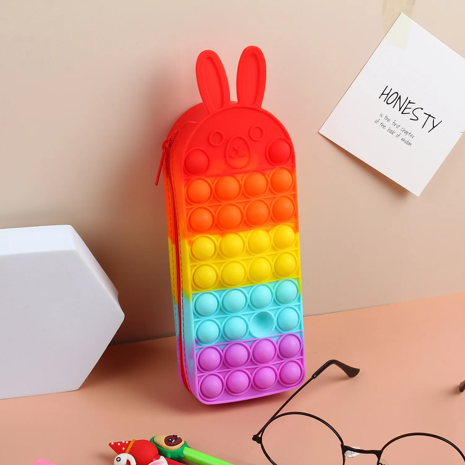 New Rainbow Color Decompression Pencil Case Cartoon Obedient Rabbit Silicone Creative Storage Stationery Box