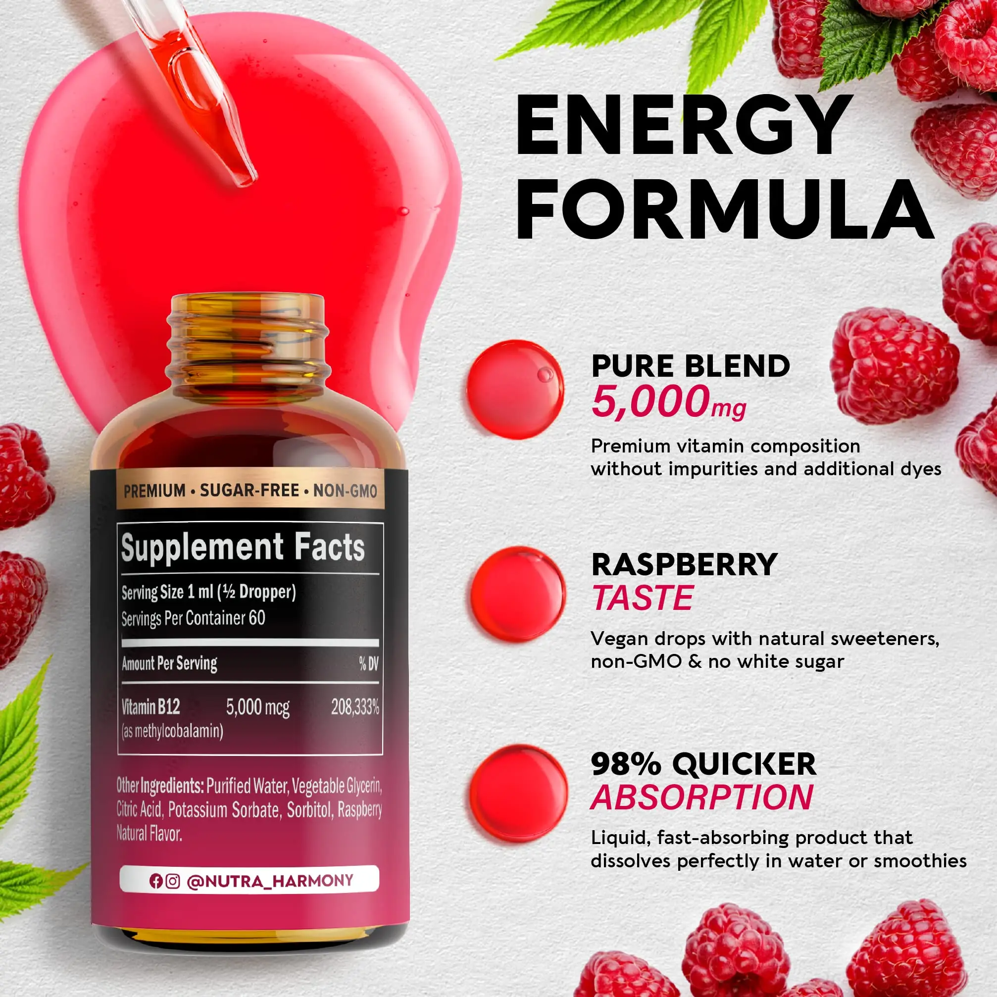 Vitamin B12 Drop as methylcobalamin focus mood brain health increase energy support vitamins drop tincture