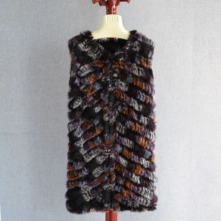 Rabbit hair woven vest pure hand-woven colorful rabbit  medium long fur vest