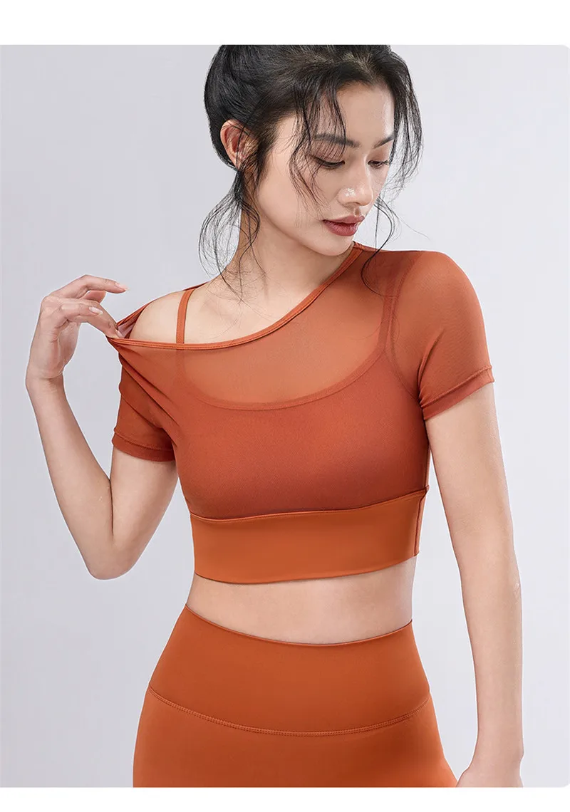 P177 Custom Women Yoga Tops Mesh Layer Soft Spandex And Nylon Sport Top Breathable Slim Fit Workout Shirts