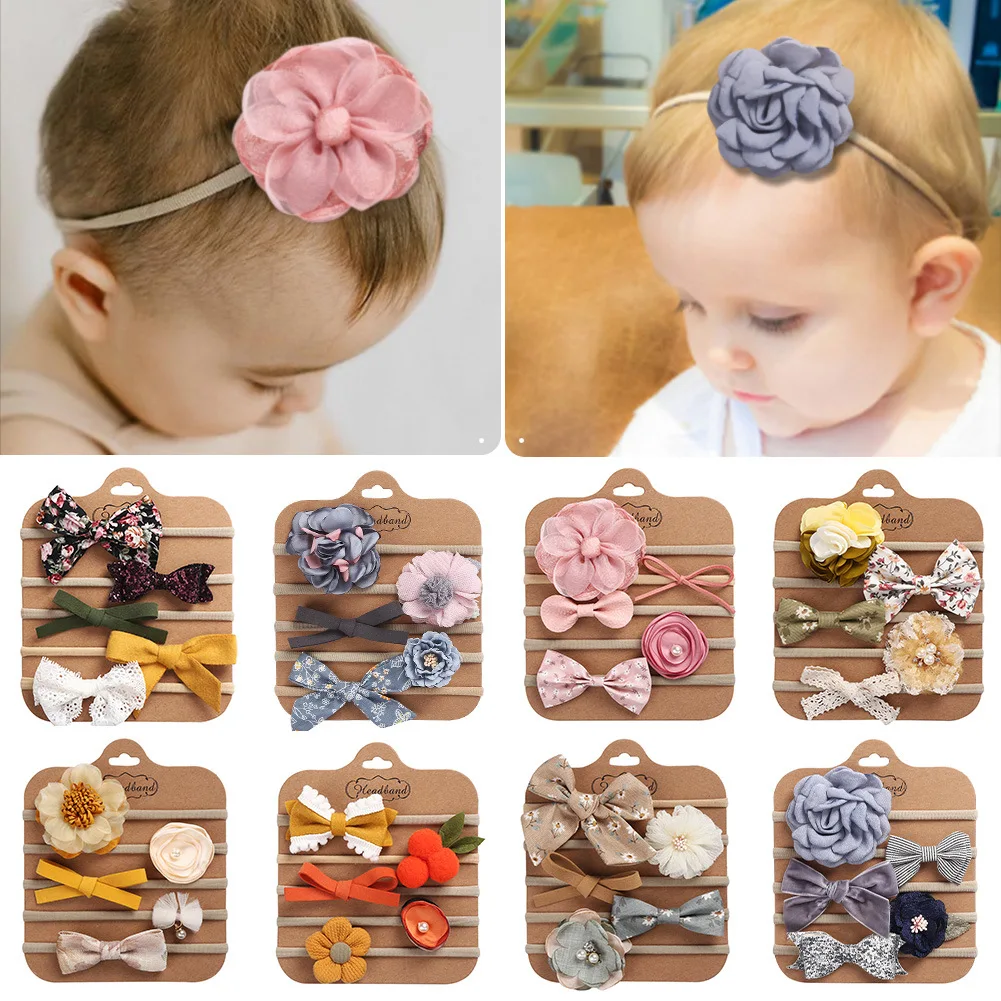 Wholesale Fashion Hairwear 5pc/set Artificial Fabric Flower Bow Baby Headbands Elastic Hairband Newborn Gift Photo Props