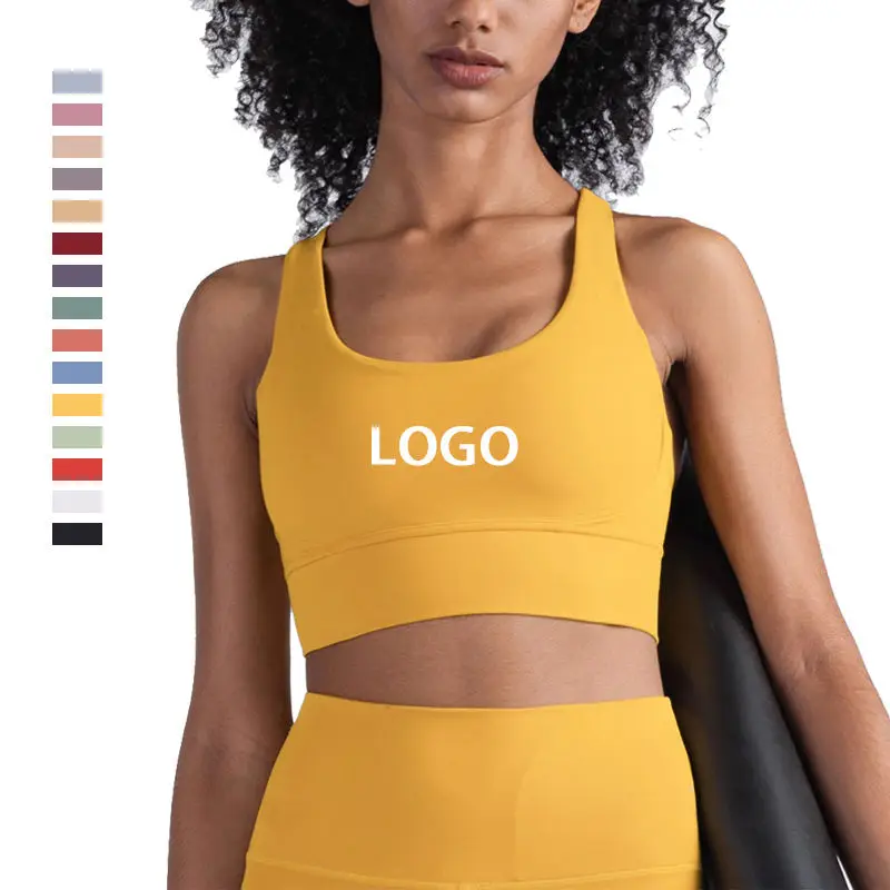 Custom Logo Lemon Cross Strappy Back Backless Nylon Spandex Gym Fitness Workout Bra Yoga Sports Bra For Women