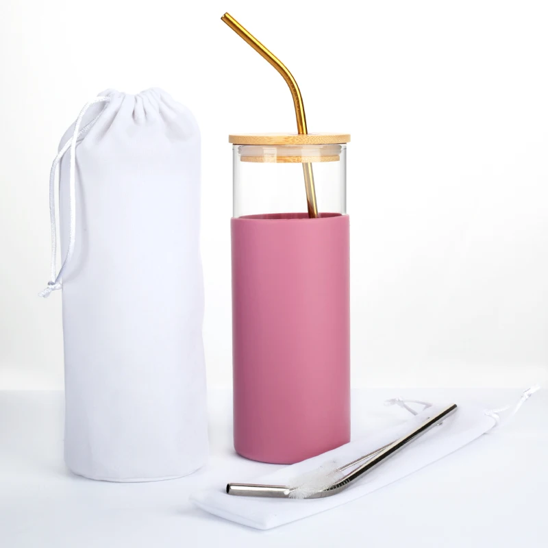Hot Sale Borosilicate 500ml 16 oz Large Glass Water Bottle Silicone Sleeve with Stainless Steel Straw