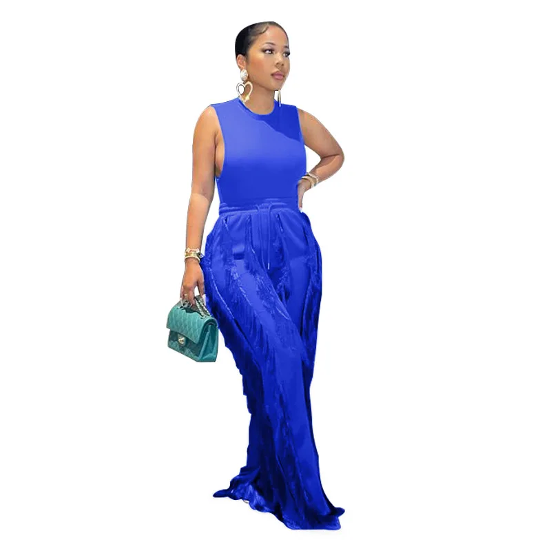 Summer solid sleeveless lace up vest and long pants plus size 5XL 2 piece set fringed women wide leg pants two piece set