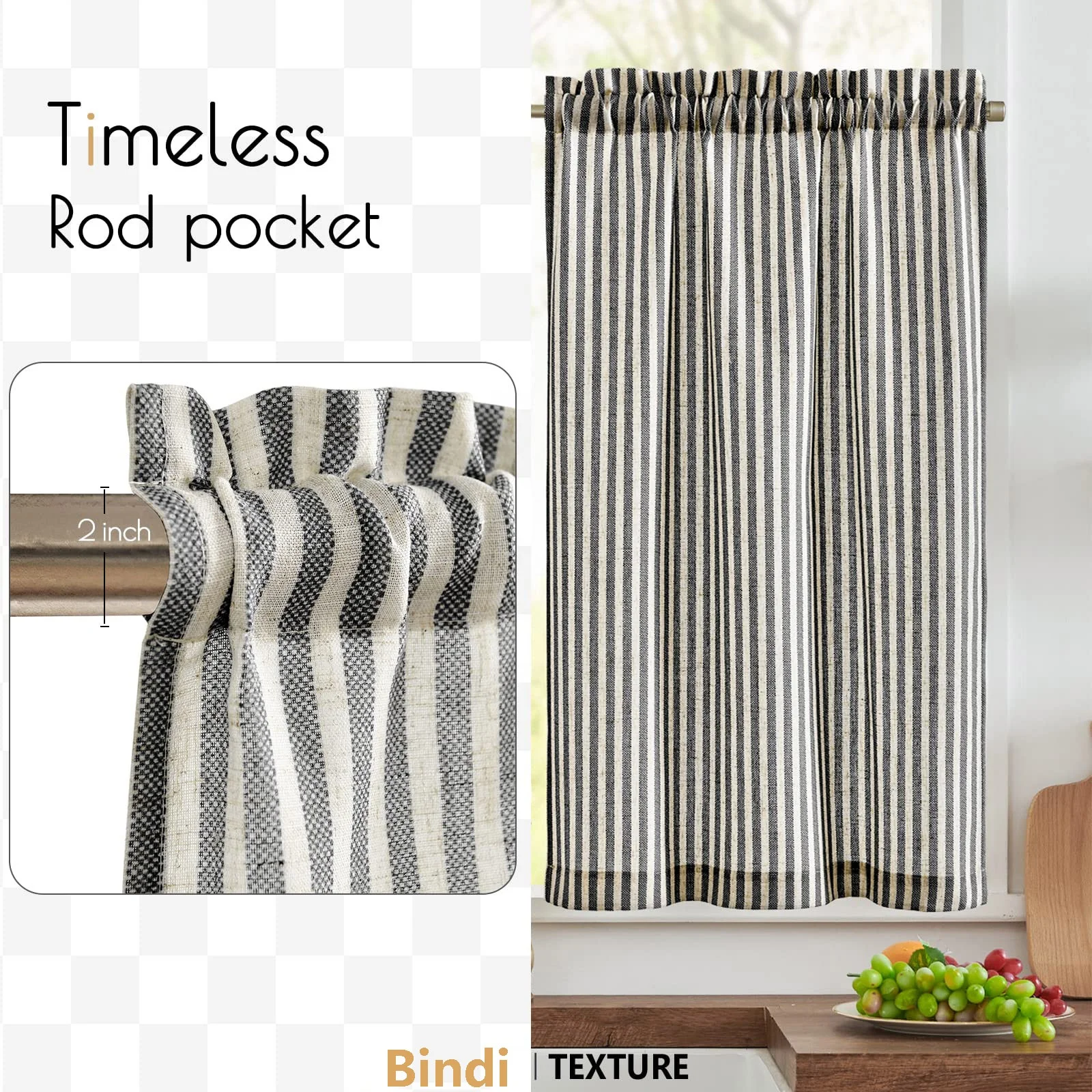 Bindi Modern Rod Pocket 2 Panels Kitchen Cafe Curtain Black And White Striped Tier Curtains For Home Ready Made