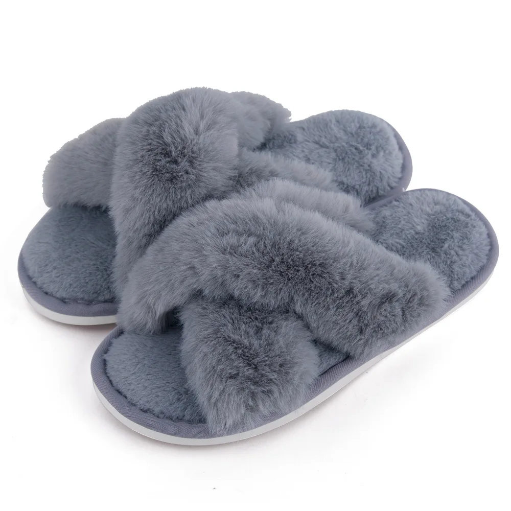 
Cross Strap TPR sole Winter Indoor Plush Faux Fur Slippers for Women 