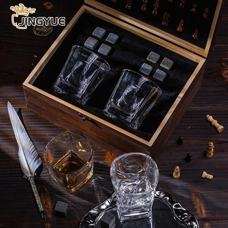 Artisan Crafted Old Fashioned Crystal Square Cocktail Glasses and Chilling Rock Stones Gift with Chess Set in Wooden Storage Box