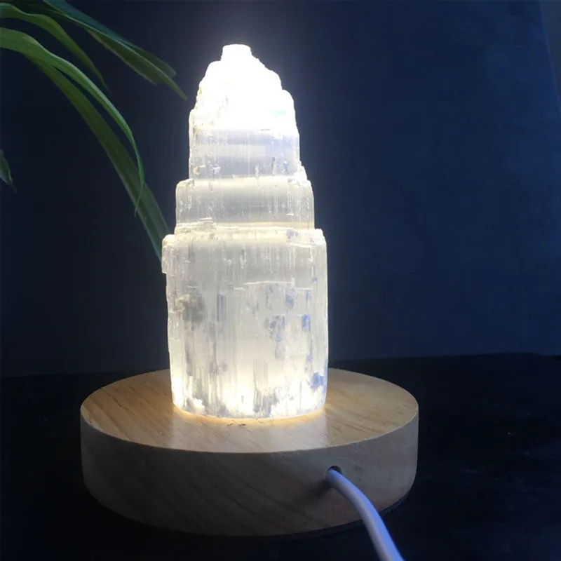 Natural Selenite Lamp White Gemstones Ice Berg Carved Lamp Crystal Ore Decor Clear Tower Mineral Quartz Tower Home Decor
