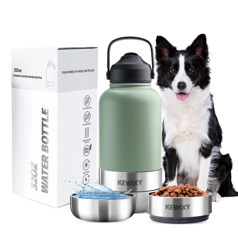 KEWIXY Style 3 in 1 pet feeders 32oz double walled stainless steel vacuum insulated outdoor cat dog water bottle