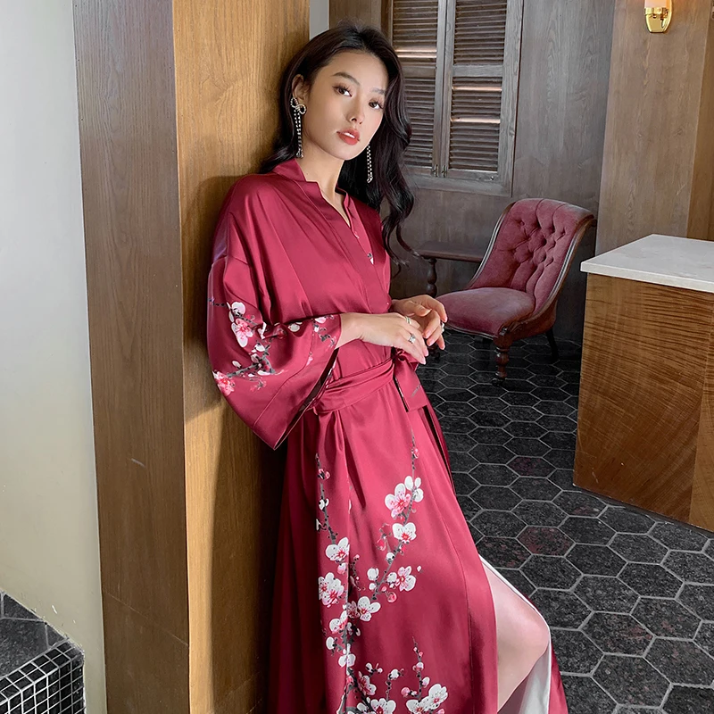 2023 kimono Robe print  pajamas Belted Luxury long sleeve nightwear set gown sexy women 100% silk Satin Robe