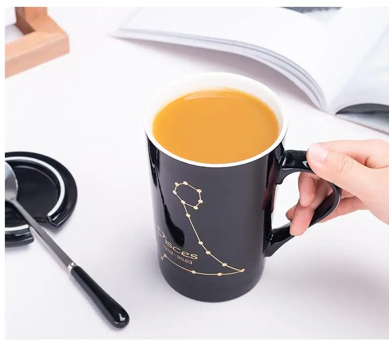 16oz 450ML black and white color constellation ceramic mug coffee cup with lids and spoons