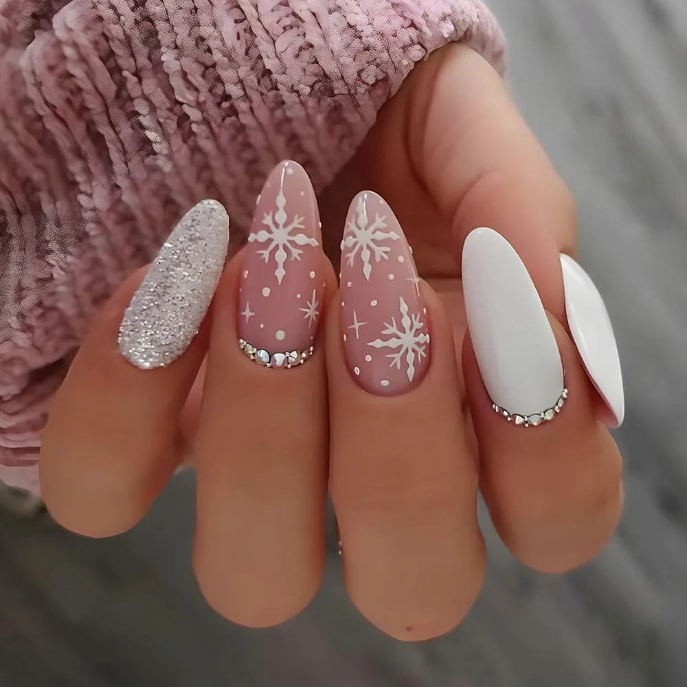 Wholesale Christmas diamond nails full cover long french ballerina artificial nails false long fake nails with glue