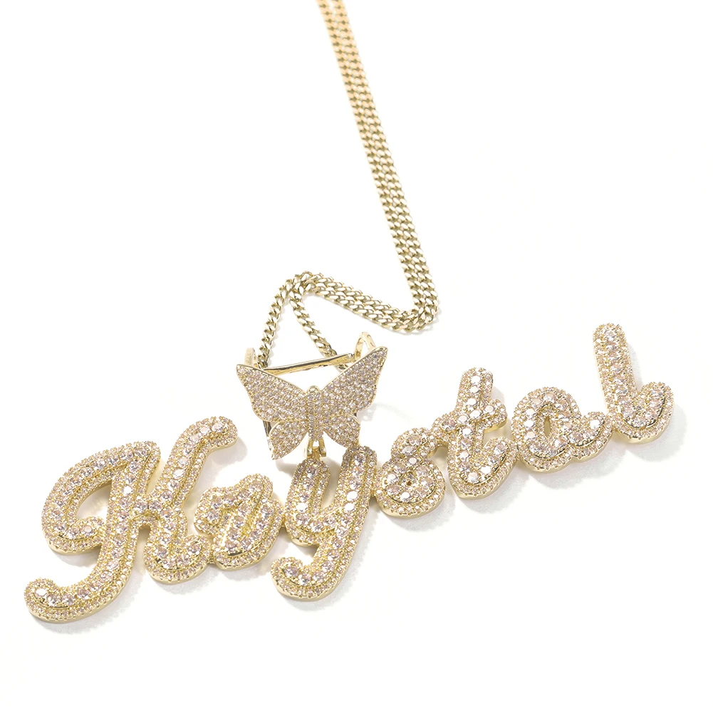Trendy Custom Cursive Initial Letter Pendant Butterfly Hook Zircon Thick Name Necklace Personalized Square Cut CZ Chain
